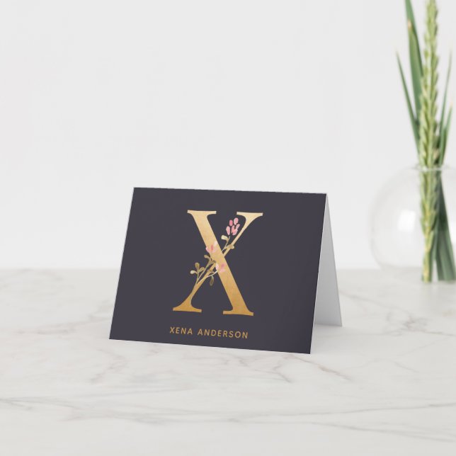 Elegant Gold Floral X Monogram Chic Personalized Note Card (Front)