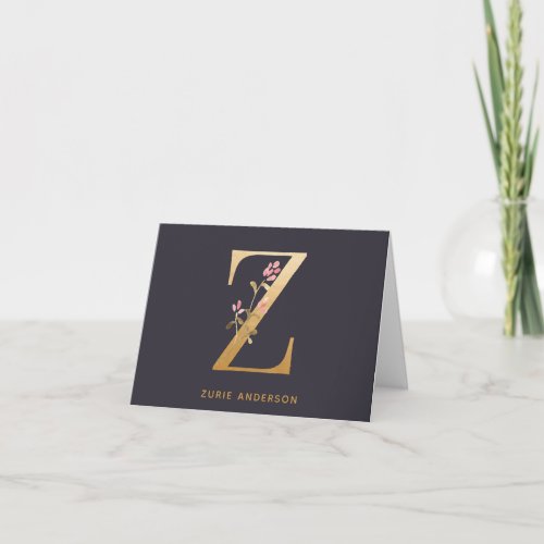 Elegant Gold Floral Z Monogram Chic Personalized Note Card