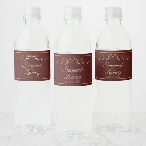 Elegant Gold Flourish Auburn Brown Wedding Water Bottle Label