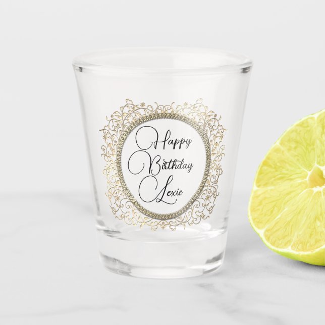 Elegant Gold Flourish Birthday Customized   Shot Glass (Front)