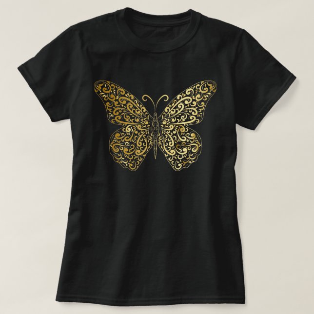 Elegant Gold Flourish Butterfly T-Shirt (Design Front)