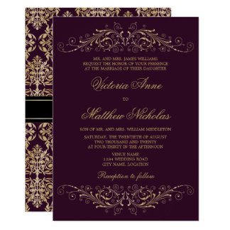 Eggplant Invitations Announcements Zazzle Elegant Gold Flourish Damask Eggplant Card