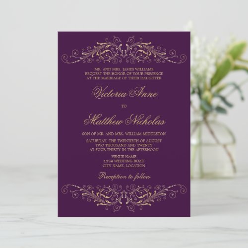 Elegant Gold Flourish Damask Eggplant Invitations