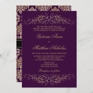 Elegant Gold Flourish Damask Eggplant Invitations