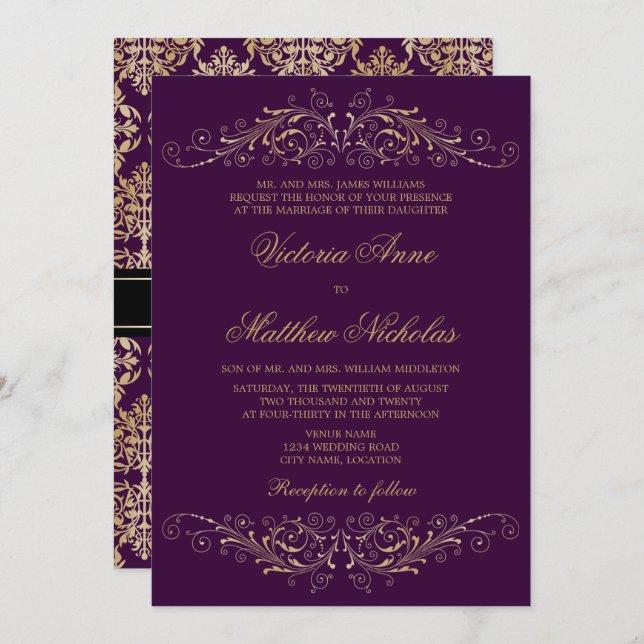 Elegant Gold Flourish Damask Eggplant Invitations (Front/Back)