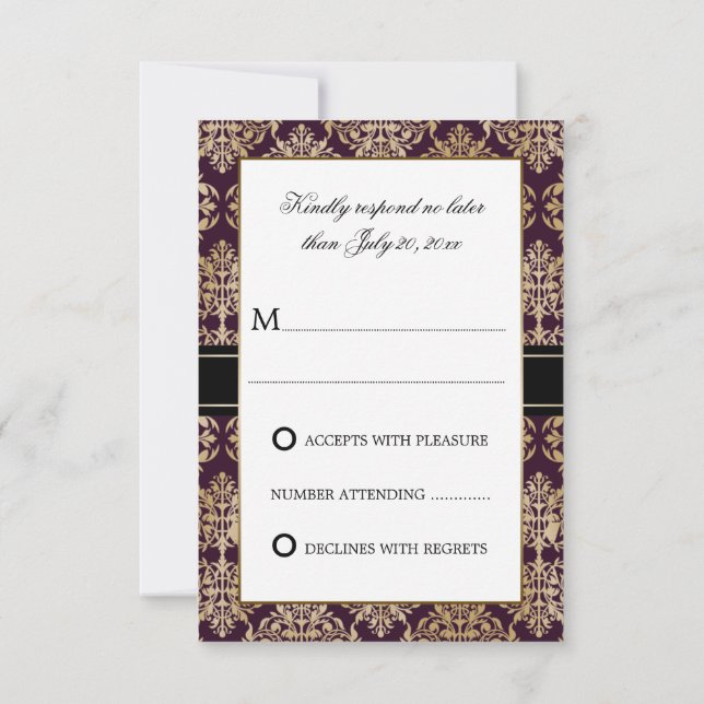 Elegant Gold Flourish Damask Eggplant RSVP (Back)