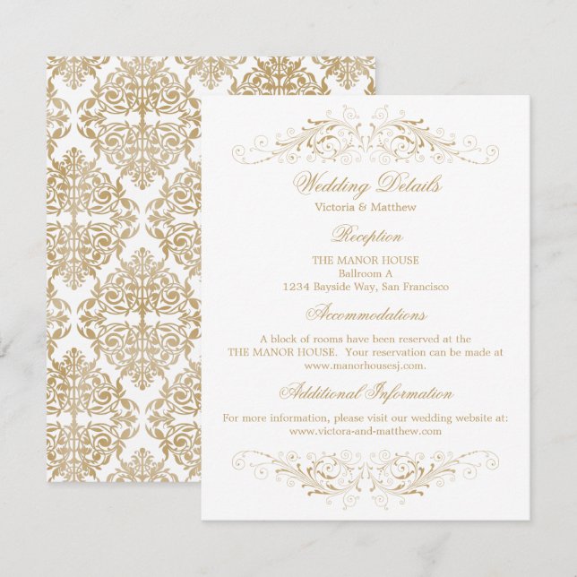 Elegant Gold Flourish Damask Wedding Details Invitation (Front/Back)