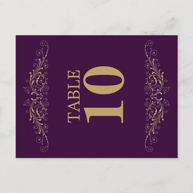 Elegant Gold Flourish Eggplant Table Number (Front)