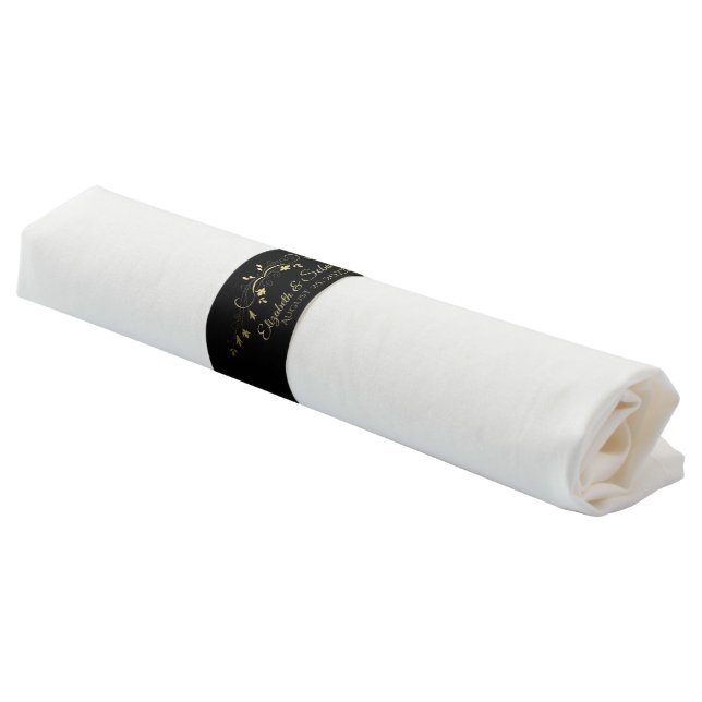 Elegant Gold Flourish on Black Wedding Napkin Bands (Angled)