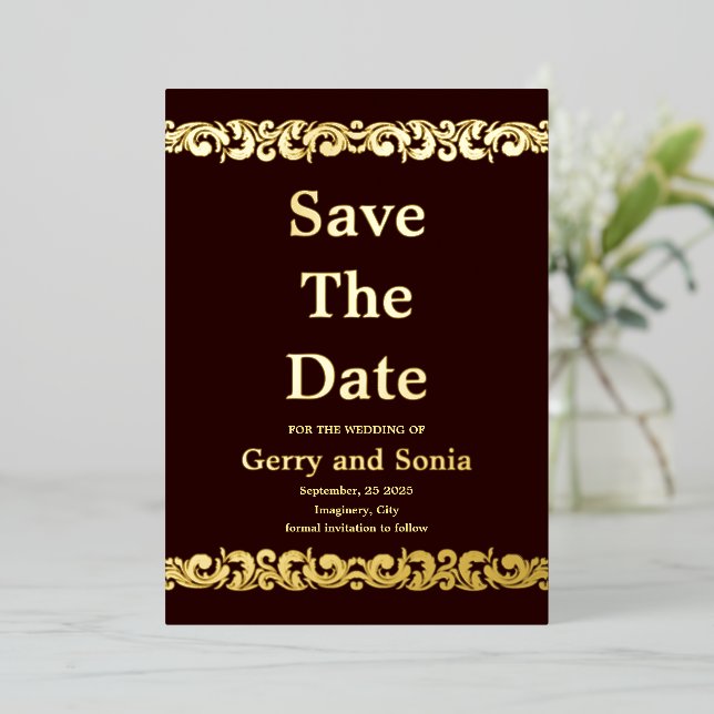 Elegant Gold Flourish Wedding Foil Save The Date  Foil Invitation (Standing Front)