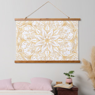 Elegant Gold Flower Mandala White Design Hanging Tapestry
