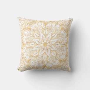 Elegant Gold Flower Mandala White Design Throw Pillow