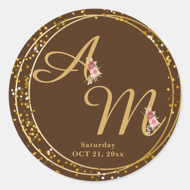 Elegant Gold Flower Monogram Wedding Sticker (Front)