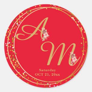 Elegant Gold Flower Monogram Wedding Sticker