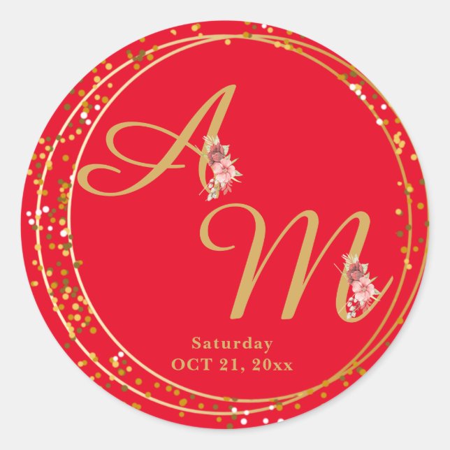 Elegant Gold Flower Monogram Wedding Sticker (Front)