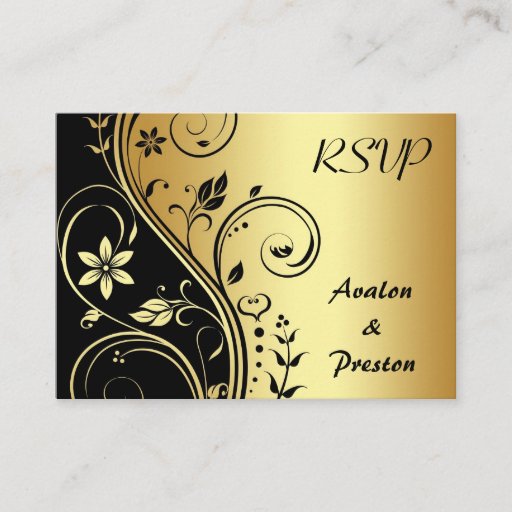 Customizable Elegant Gold Flower Scrollwork RSVP Wedding Card Business Cards