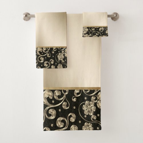 Elegant Gold Flowers Black Bath Towel Set