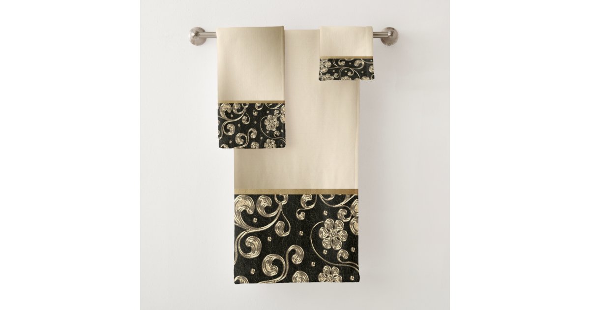 Elegant Gold Flowers, Black Bath Towel Set | Zazzle.com