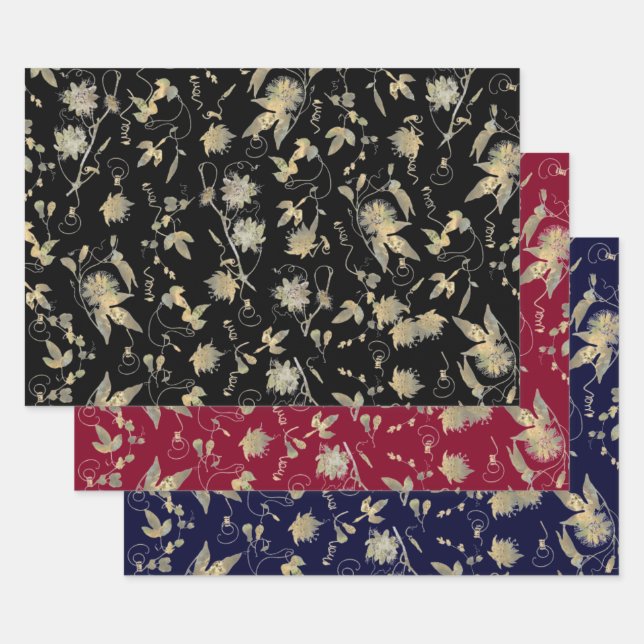Elegant Gold Flowers Black Burgundy Navy Wrapping Paper Sheets (Set)