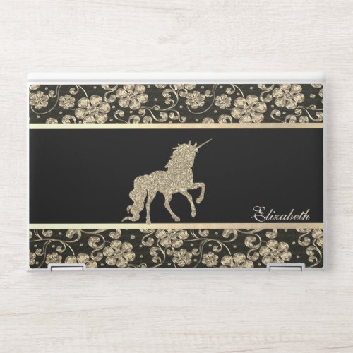 Elegant Gold Flowers Black Glitter Unicorn HP Laptop Skin