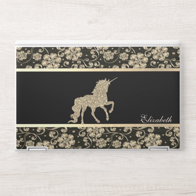 Elegant Gold Flowers, Black Glitter Unicorn HP Laptop Skin (Front)