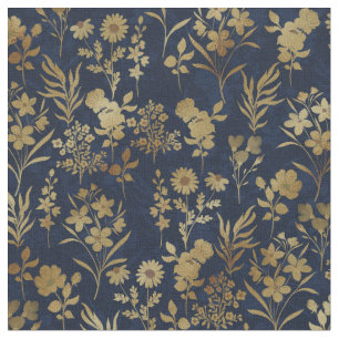 Elegant Gold Flowers Blue Botanical Fabric