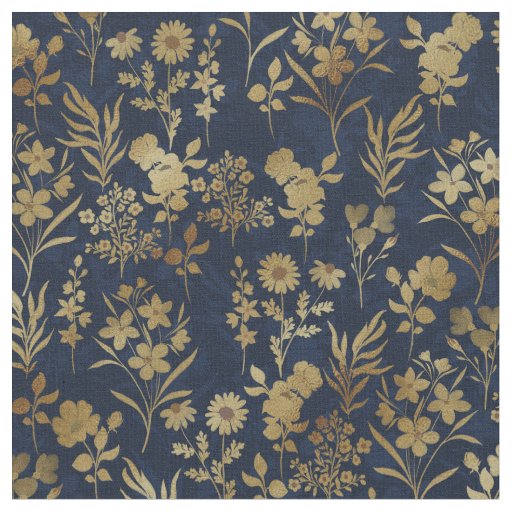 Elegant Gold Flowers Blue Botanical Fabric