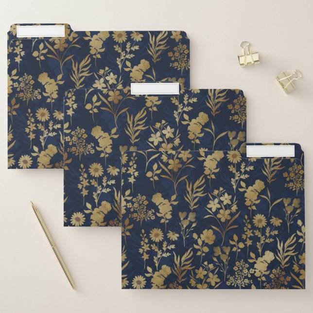 Elegant Gold Flowers Blue Botanical File Folder (Set)
