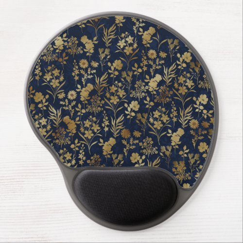 Elegant Gold Flowers Blue Botanical Gel Mouse Pad