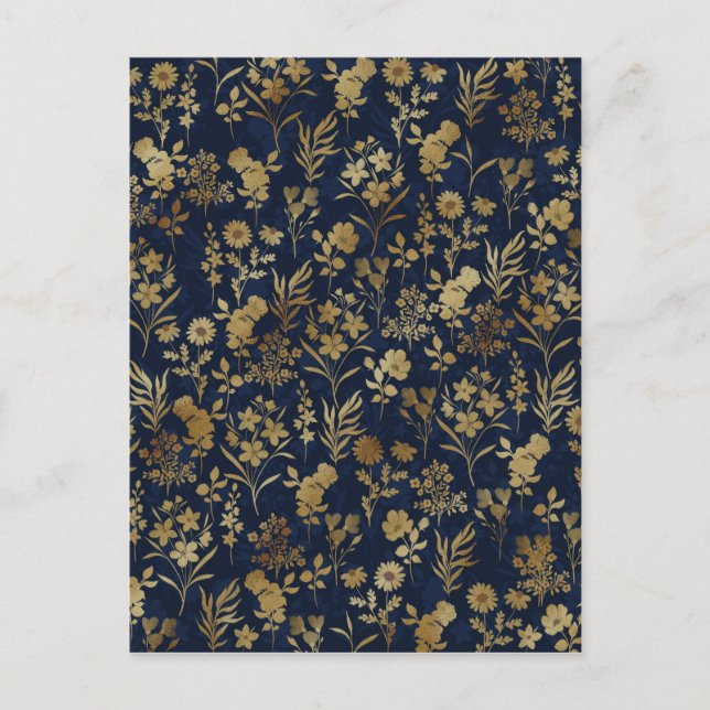 Elegant Gold Flowers Blue Botanical Holiday Postcard (Front)