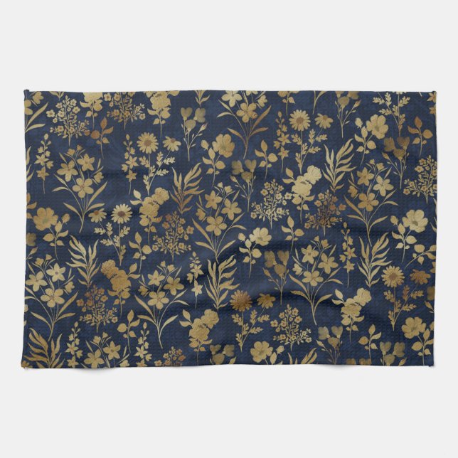 Elegant Gold Flowers Blue Botanical Kitchen Towel (Horizontal)
