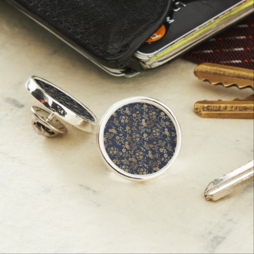 Elegant Gold Flowers Blue Botanical Lapel Pin