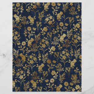 Elegant Gold Flowers Blue Botanical Letterhead
