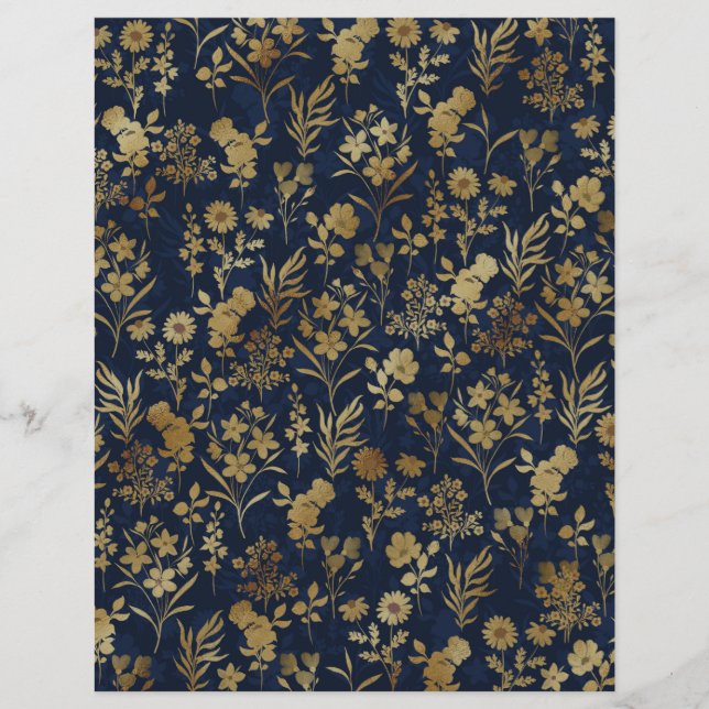 Elegant Gold Flowers Blue Botanical Letterhead (Front)