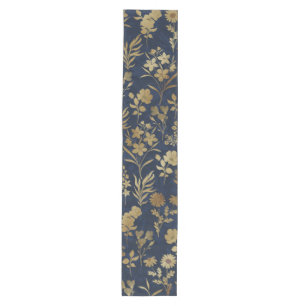 Elegant Gold Flowers Blue Botanical Medium Table Runner