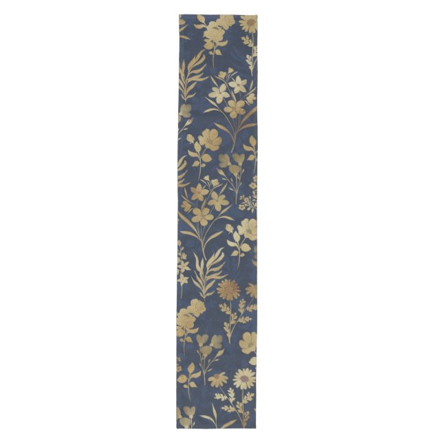 Elegant Gold Flowers Blue Botanical Medium Table Runner (Front)