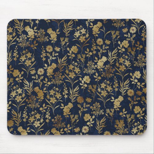 Elegant Gold Flowers Blue Botanical Mouse Pad