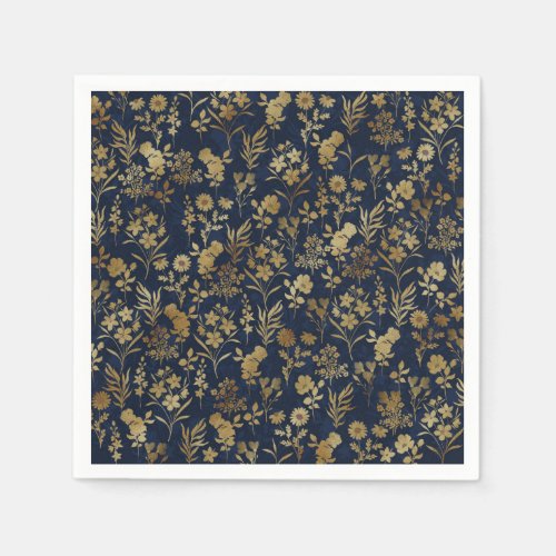 Elegant Gold Flowers Blue Botanical Napkins