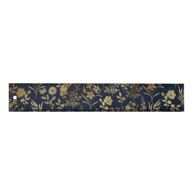 Elegant Gold Flowers Blue Botanical Ruler (Front)