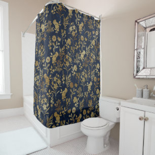 Elegant Gold Flowers Blue Botanical Shower Curtain