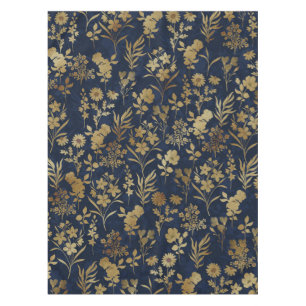 Elegant Gold Flowers Blue Botanical Tablecloth