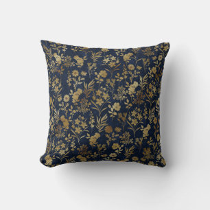 Elegant Gold Flowers Blue Botanical Throw Pillow
