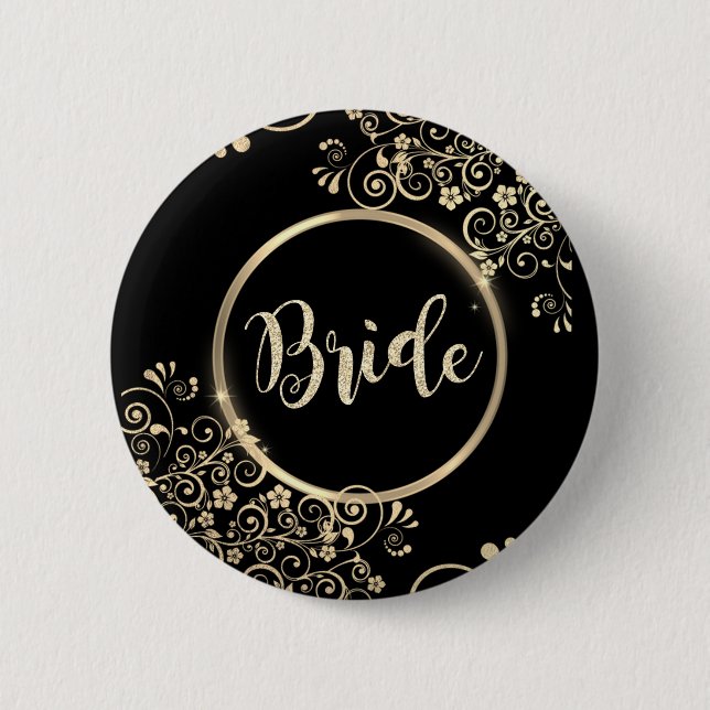 Elegant Gold Flowers Glitter Button (Front)