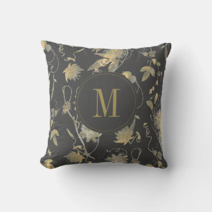 Elegant Gold Flowers Gray Floral Monogram Throw Pillow