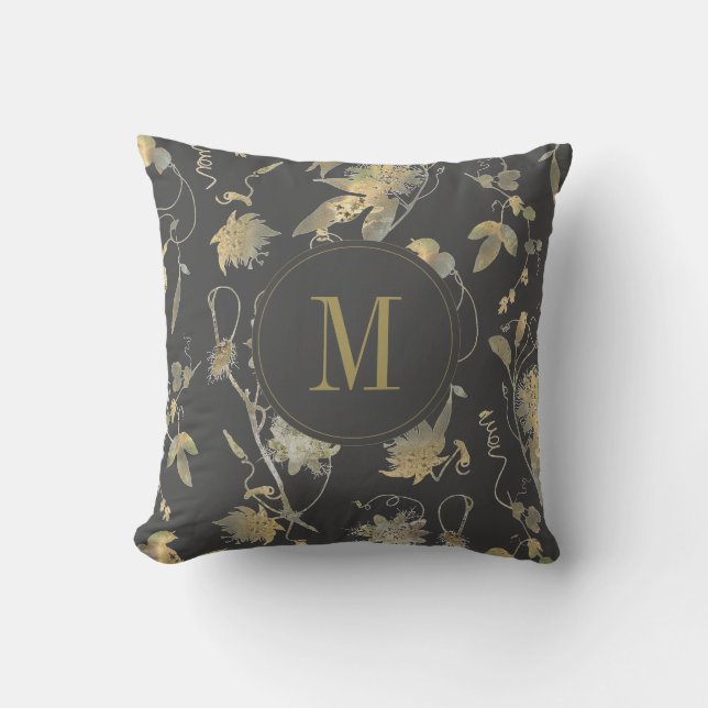 Elegant Gold Flowers Gray Floral Monogram Throw Pillow (Front)
