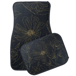 Elegant Gold Flowers outlines Blue gradient design Car Floor Mat