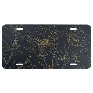 Elegant Gold Flowers outlines Blue gradient design License Plate
