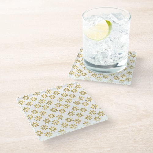 Elegant gold flowers pattern white glass coaster