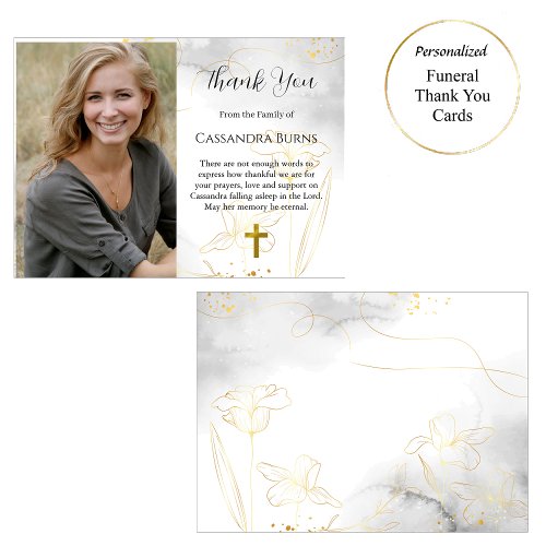 Elegant Gold Flowers Photo Funeral   Thank You Card
