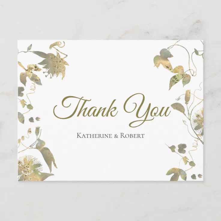 Elegant Gold Flowers Thank You Postcard | Zazzle